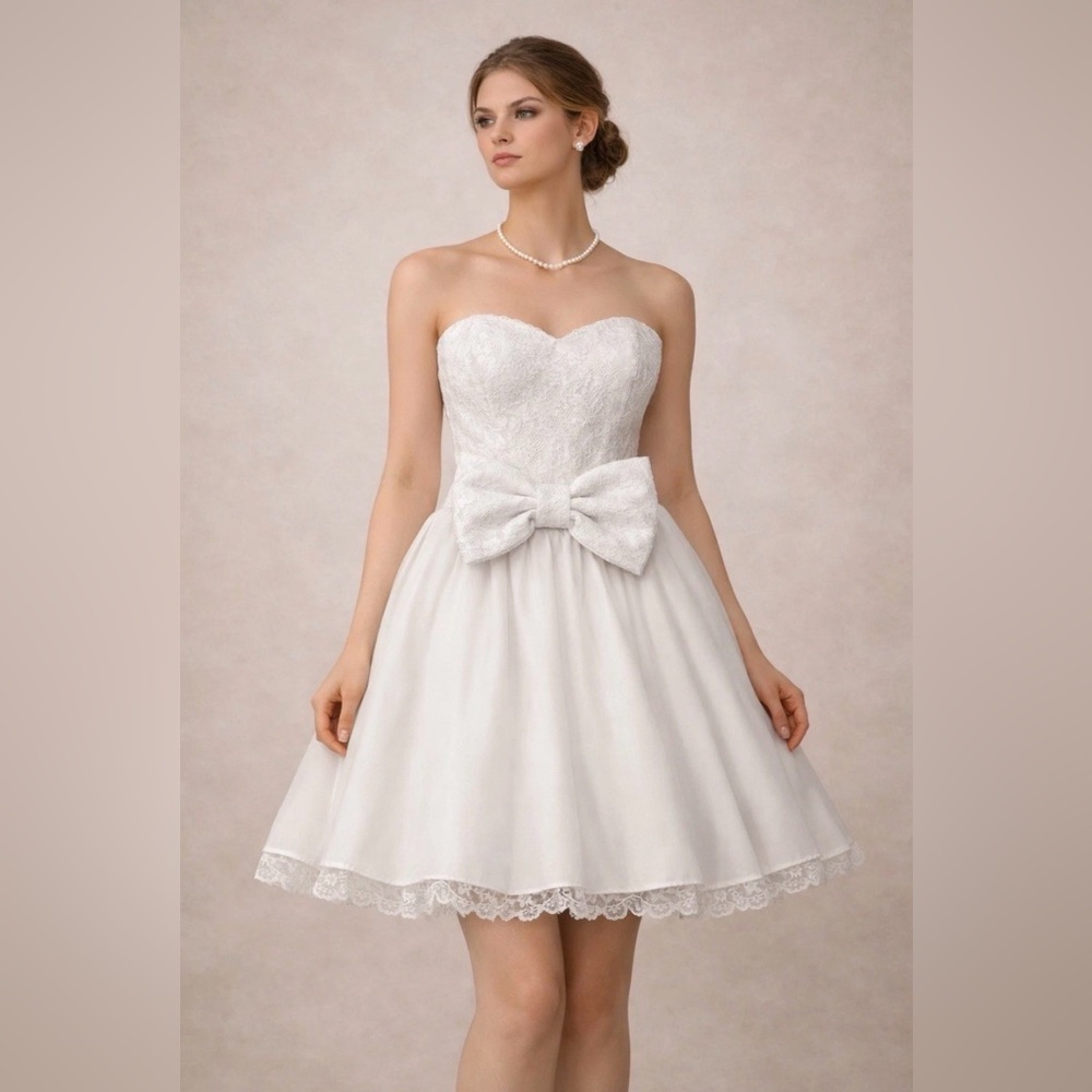 Vintage Gunne Sax Jessica McClintock White Lace Mini Dress Strapless Bow Small